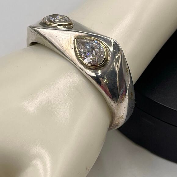 Sterling Silver Pear Shaped Faceted Glass Bezel Set 14K Arched Cuff Bracelet Sm - Picture 2 of 8